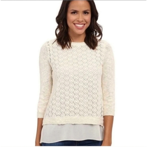 Lucky Brand Layered Mixed Media Linen Blend Sweater Medium Ivory - Picture 3 of 11